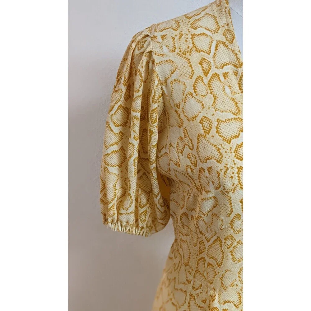 Faithfull The Brand Yellow Snakeskin 100% Rayon Tie Back Prarie Style Dress 4 - Picture 6 of 14